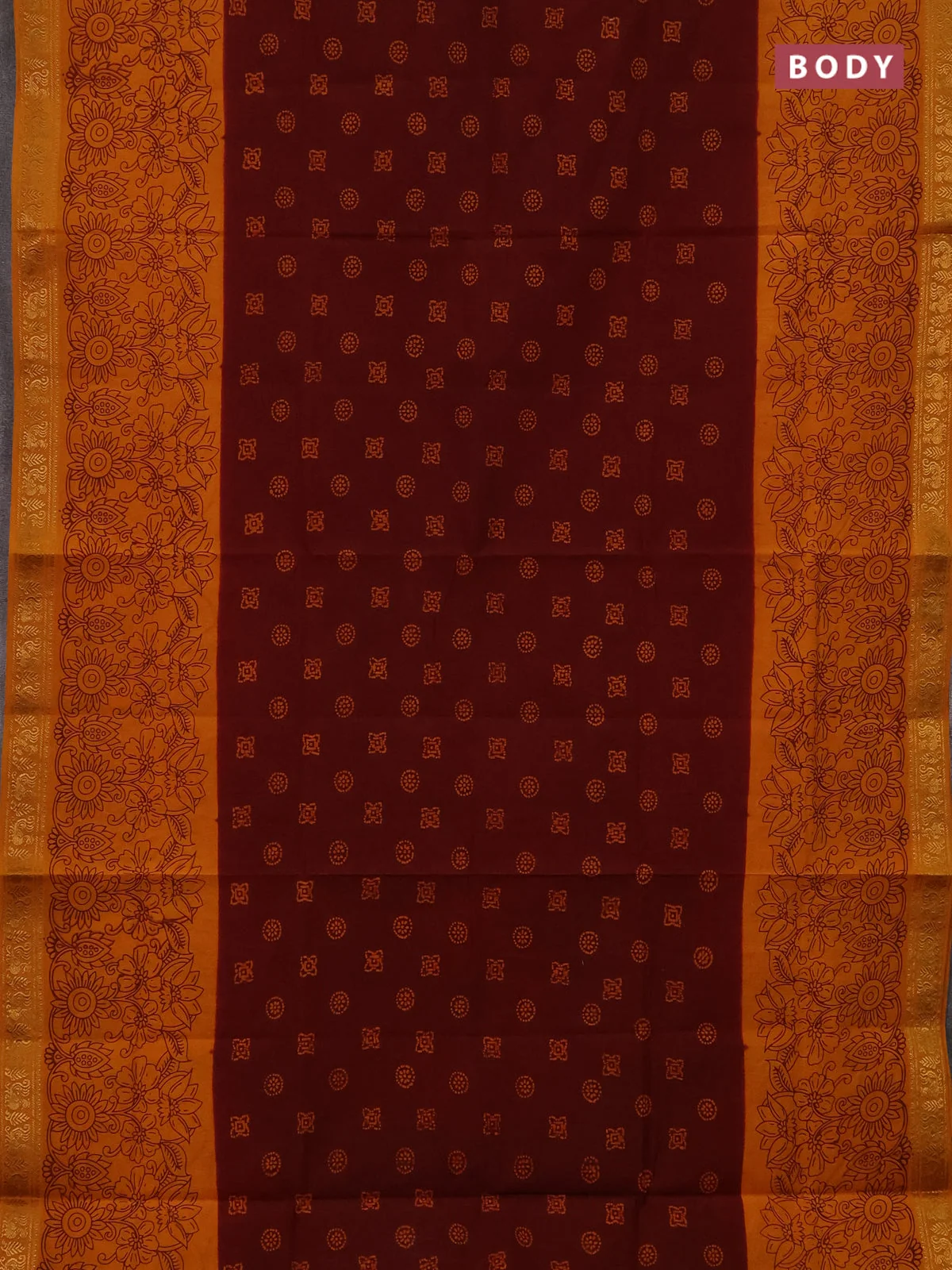 Sungudi Cotton Saree - Deep Brown and Mustard Yellow